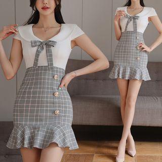 Bow Detail Cap-sleeve Check Bodycon Dress