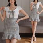 Bow Detail Cap-sleeve Check Bodycon Dress