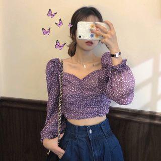Long-sleeve Floral Cropped Top Purple - One Size