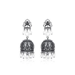 Fashion Vintage Plated Black Palace Geometric Wind Chimes Tassel Imitation Pearl Earrings With Cubic Zirconia Black - One Size