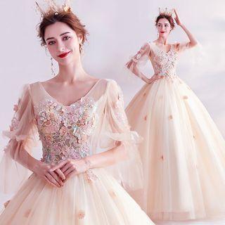 Bell-sleeve Flower Applique Mesh A-line Evening Gown