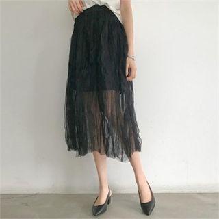 Band-waist Crinkled Tulle Long Skirt