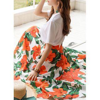 Tropical-floral Long Flare Skirt