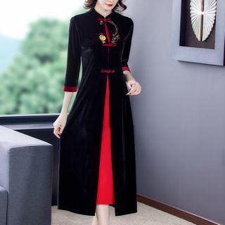 Mock Two-piece Embroidered Frog-button Midi A-line Dress