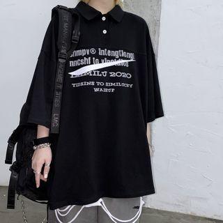 Letter Print Polo-neck Elbow-sleeve Top