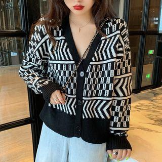 Patterned V-neck Cardigan Black & White - One Size