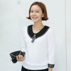 Lace-trim Collared 3/4-sleeve Top With Brooch