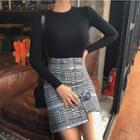 Set: Slim-fit Knit Top + Glen-plaid Miniskirt Black - One Size
