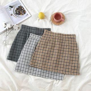Color-block Plaid High-waist Woolen A-line Skirt