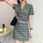 Set: Short-sleeve Plaid Shirt + A-line Skirt Green - M