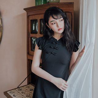 Sleeveless Ruffled Mandarin Collar Swim Dress