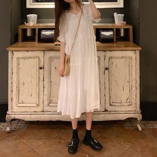 Elbow-sleeve Midi A-line Dress White - One Size