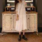 Elbow-sleeve Midi A-line Dress White - One Size