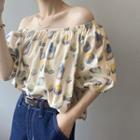 Elbow-sleeve Off-shoulder Graphic Print Top