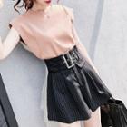 Set: Cap-sleeve Knit Top + Striped Shorts