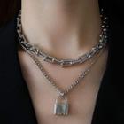 Set: Chain Choker + Lock Pendant Necklace Set Of 2 - Silver - One Size