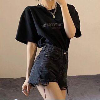 Short-sleeve Lettering T-shirt / High Waist Denim Hot Pants / Set