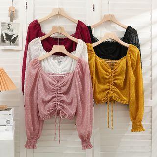 Off-shoulder Drawstring Dotted Crop Top In 5 Colors