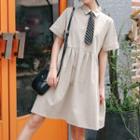 Short-sleeve Tie-neck A-line Dress As Shown In Figure - One Size