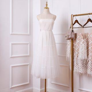 Spaghetti Strap Glitter Mesh A-line Midi Dress