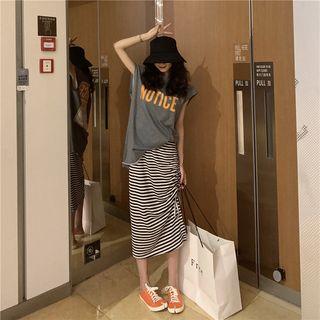 Set: Lettering Sleeveless T-shirt + Striped Drawstring Midi Skirt T-shirt - Gray - One Size / Skirt - One Size