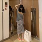 Set: Lettering Sleeveless T-shirt + Striped Drawstring Midi Skirt T-shirt - Gray - One Size / Skirt - One Size