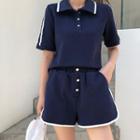 Set: Striped Polo Shirt + Buttoned Contrast Trim Shorts Blue - One Size