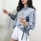 Bow Puff Long-sleeve Pinstripe Blouse