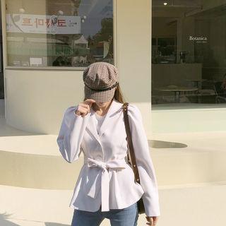 Puff-shoulder Peplum Blazer With Sash