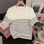 Short-sleeve Striped Knit Top Striped - Black & White - One Size