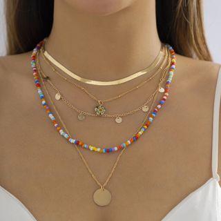 Beaded Snake Chain Layered Necklace 3580 - Gold - One Size