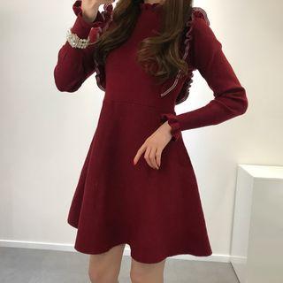 Mock-turtleneck Ruffled A-line Knit Dress