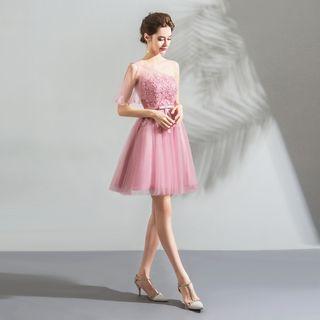 Short-sleeve Cold-shoulder Embroidered Mini Prom Dress