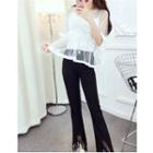 Set: Mesh Elbow-sleeve Top With Camisole Top + Boot Cut Pants