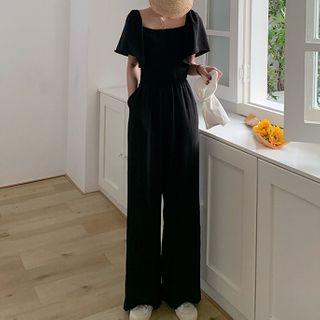 Short-sleeve Wide Leg Jumpsuit Black - One Size