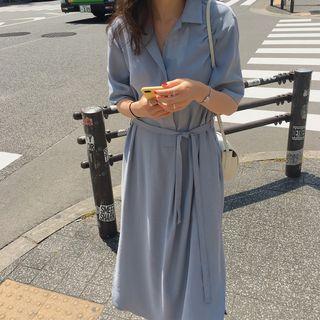 Short-sleeve Midi Shirt Dress Blue - One Size