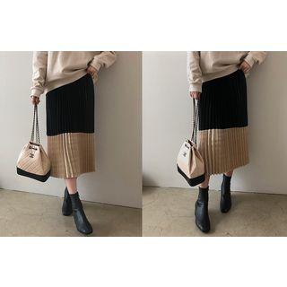 Band-waist Color-block Pleated Skirt