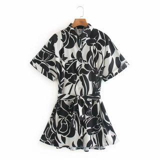 Short-sleeve Flower Print Tie-waist Mini Dress