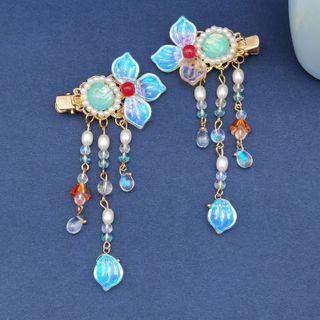 Retro Flower Beaded Hair Clip 1 Pair - L59 - One Size