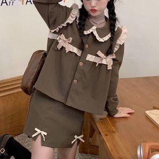 Bow Accent Button-up Blouse / Mini Skirt