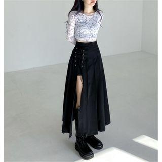 Lace-up Slit Midi A-line Pleated Skirt