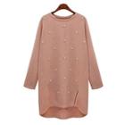 Faux Pearl Embellished Long Knit Pullover