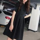 Mandarin Collar Short-sleeve A-line Dress Black - One Size