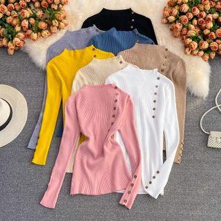 Mock Neck Button Detail Knit Top