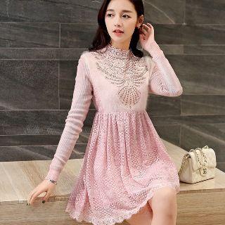Long-sleeve Paneled Keyhole-back Dress