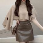Long-sleeve Top / Turtleneck Knit Cape / Faux Leather Mini Pencil Skirt