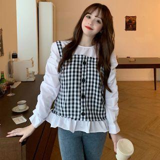 Mock Two-piece Long-sleeve Checked Frill Trim Top