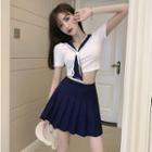 Sailor Collar Cropped T-shirt / Pleated Mini A-line Skirt / Set