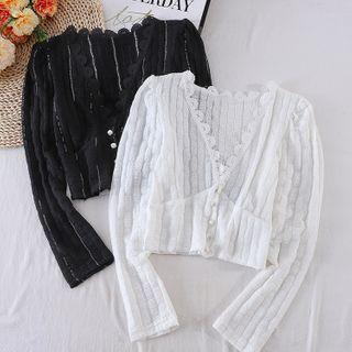 V-neck Long-sleeve Lace Trim Top