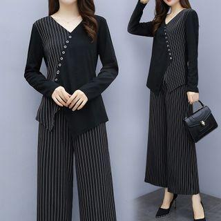 Set: Long-sleeve Striped Panel Buttoned Blouse + Wide-leg Pants